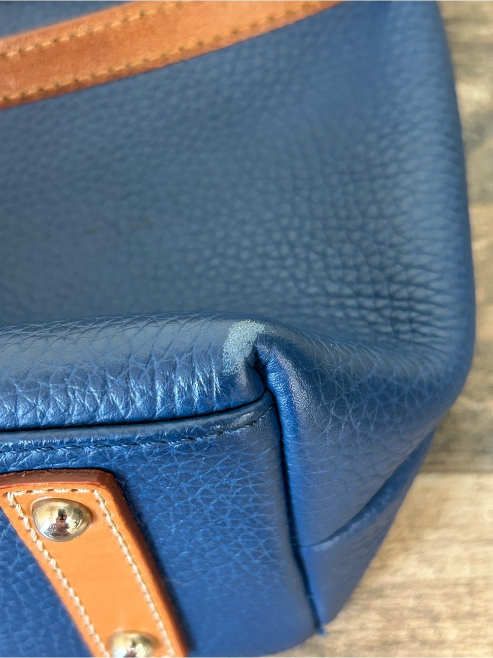 Dooney & Bourke Blue Pebble Leather Crossbody with Tan Trim and Tassel Pockets - Picture 11 of 14